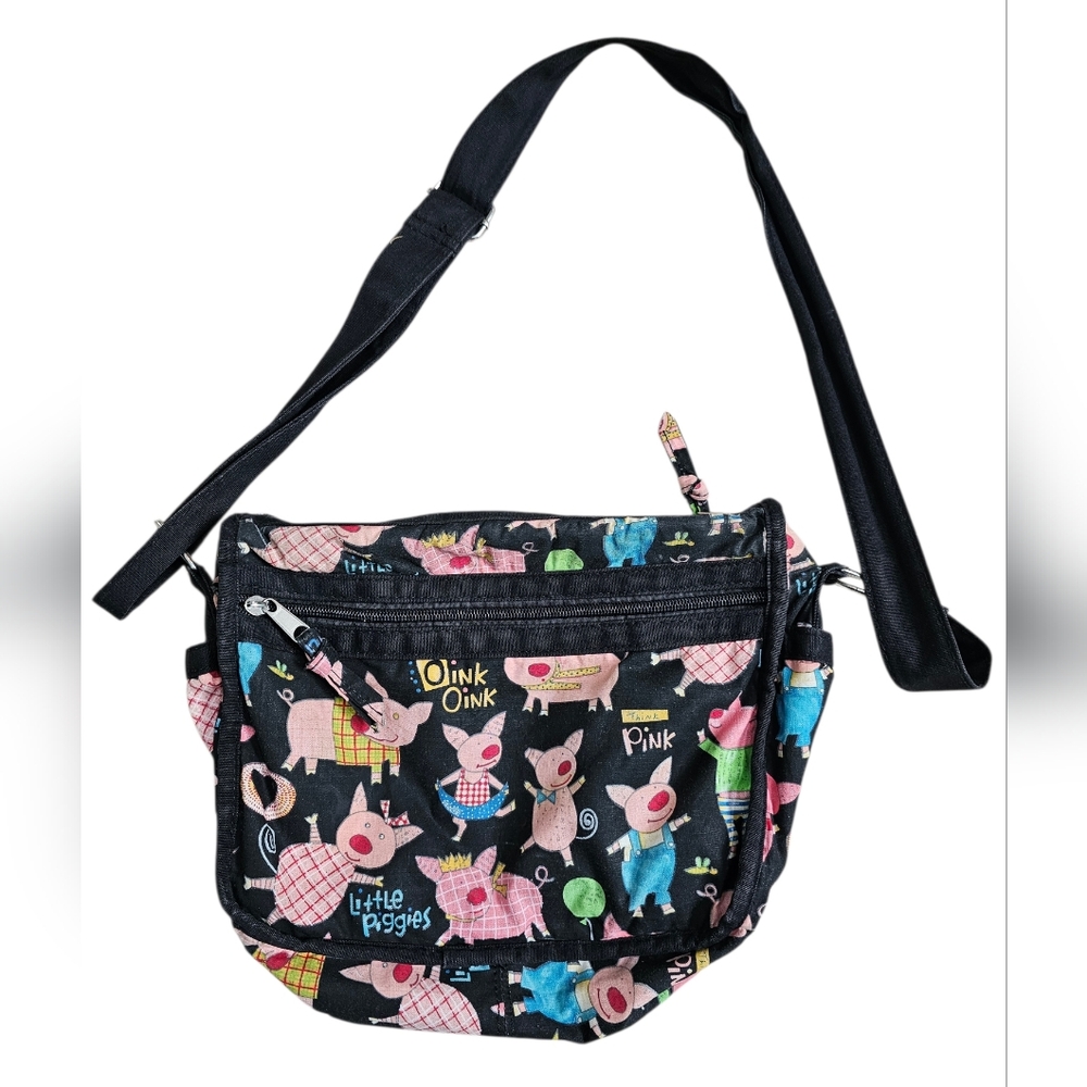 Little Piggies Womens Black Canvas Crossbody Bag Whimsical Archival Statement - Picture 3 of 7